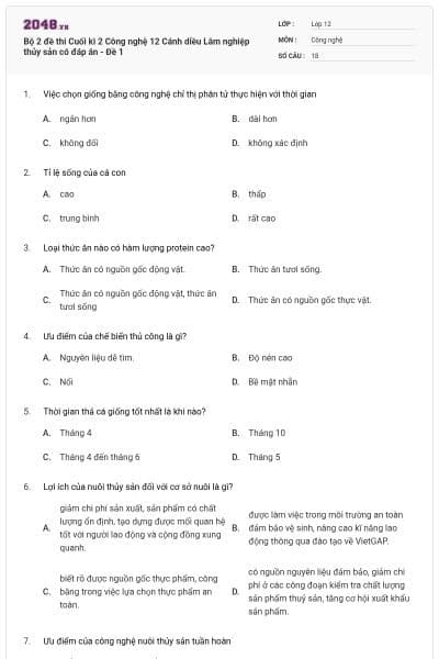 Bộ 2 đề thi Cuối kì 2 Công nghệ 12 Cánh diều Lâm nghiệp thủy sản có đáp án - Đề 1