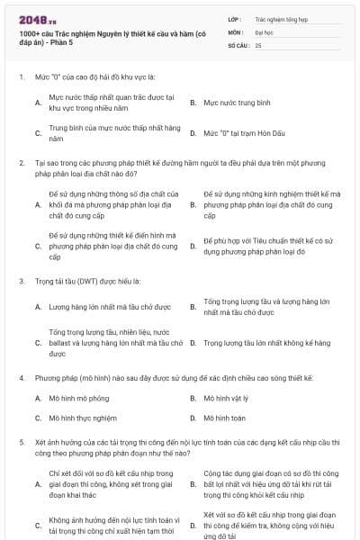 1000+ câu Trắc nghiệm Nguyên lý thiết kế cầu và hầm (có đáp án) - Phần 5