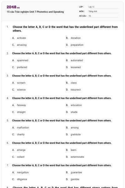 15 câu  Trắc nghiệm Unit 7 Phonetics and Speaking