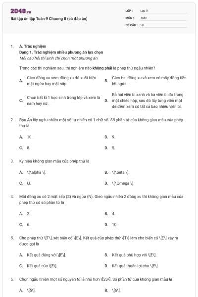 Bài tập ôn tập Toán 9 Chương 8 (có đáp án)