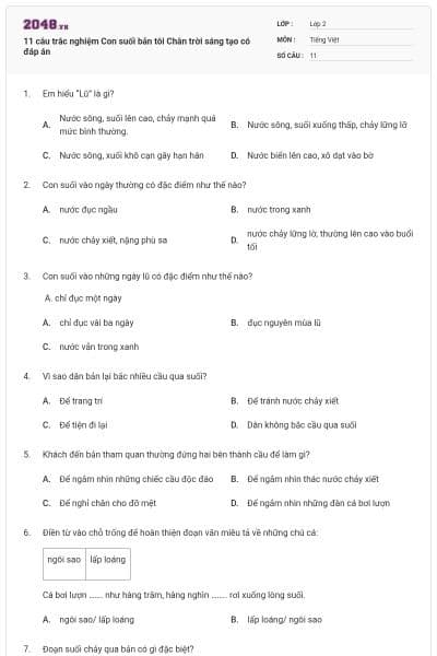11 câu trắc nghiệm Con suối bản tôi Chân trời sáng tạo có đáp án