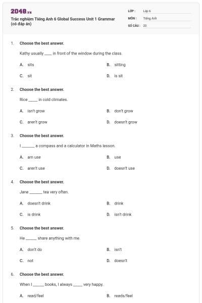 Trắc nghiệm Tiếng Anh 6 Global Success Unit 1 Grammar (có đáp án)