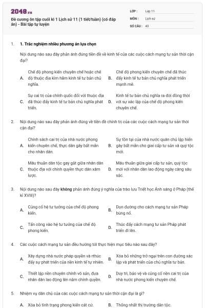 Đề cương ôn tập cuối kì 1 Lịch sử 11 (1 tiết/tuần) (có đáp án) - Bài tập tự luyện