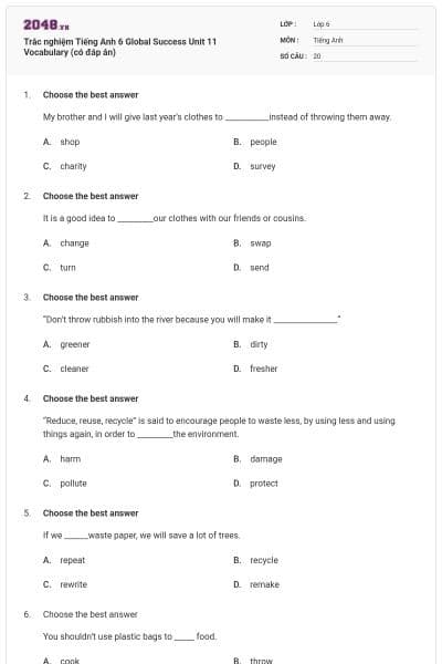 Trắc nghiệm Tiếng Anh 6 Global Success Unit 11 Vocabulary (có đáp án)