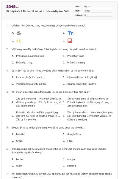 Đề thi giữa kì 2 Tin học 12 Kết nối tri thức có đáp án - Đề 3