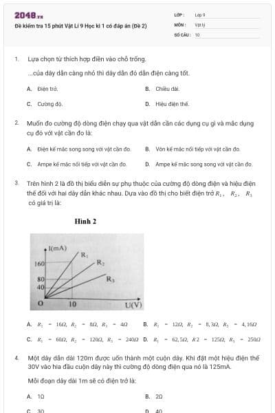 Đề kiểm tra 15 phút Vật Lí 9 Học kì 1 có đáp án (Đề 2)