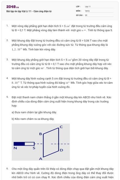 Bài tập ôn tập Vật Lí 11 - Cảm ứng điện từ