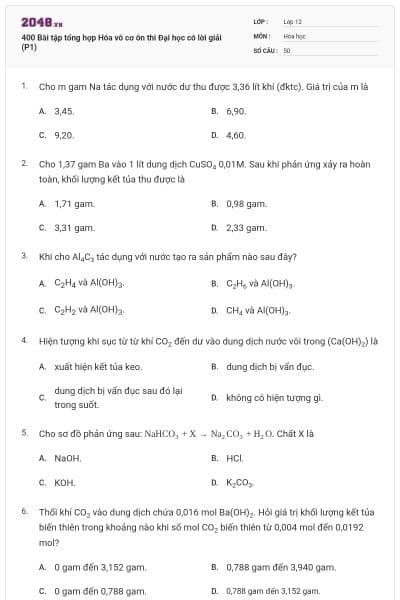 400 Bài tập tổng hợp Hóa vô cơ ôn thi Đại học có lời giải (P1)