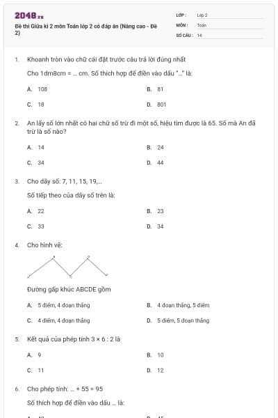 Đề thi Giữa kì 2 môn Toán lớp 2 có đáp án (Nâng cao - Đề 2)