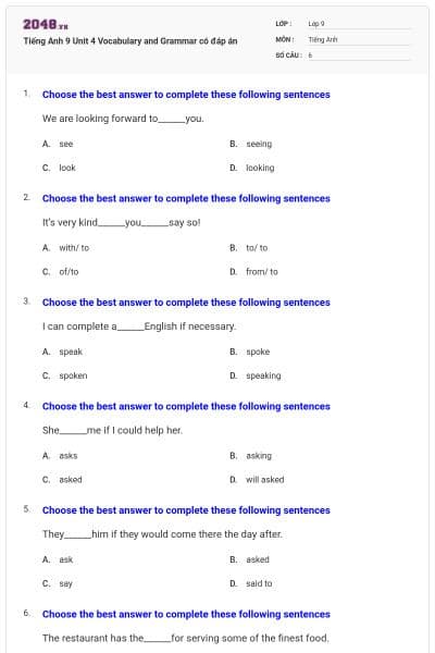 Tiếng Anh 9 Unit 4 Vocabulary and Grammar có đáp án