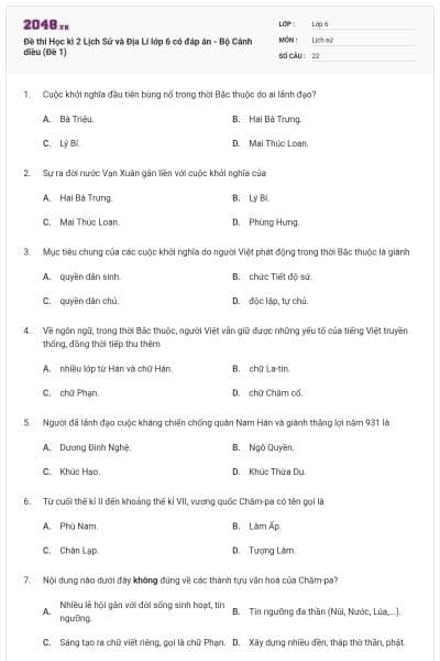 Đề thi Học kì 2 Lịch Sử và Địa Lí lớp 6 có đáp án - Bộ Cánh diều (Đề 1)