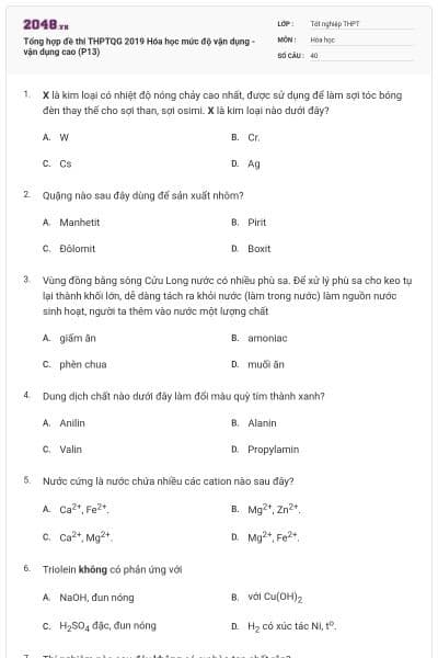 Tổng hợp đề thi THPTQG 2019 Hóa học mức độ vận dụng - vận dụng cao (P13)