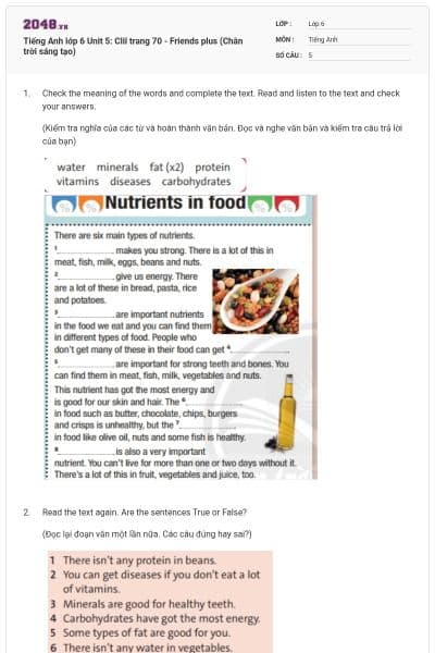 Tiếng Anh lớp 6 Unit 5: Clil trang 70 - Friends plus (Chân trời sáng tạo)