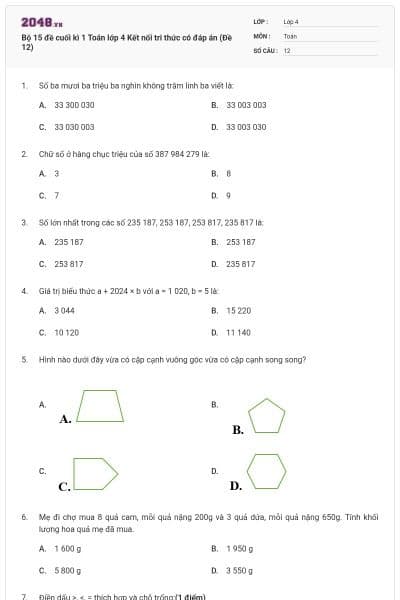 Bộ 15 đề cuối kì 1 Toán lớp 4 Kết nối tri thức có đáp án (Đề 12)