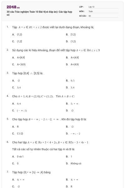 30 câu  Trắc nghiệm Toán 10 Bài 4(có đáp án): Các tập hợp số