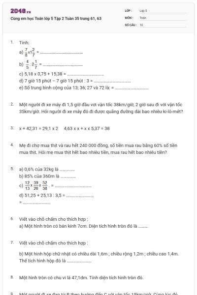 Cùng em học Toán lớp 5 Tập 2 Tuần 35 trang 61, 63
