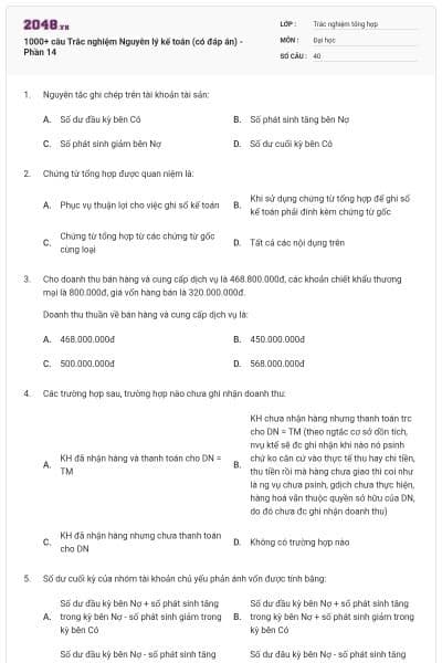 1000+ câu Trắc nghiệm Nguyên lý kế toán (có đáp án) - Phần 14