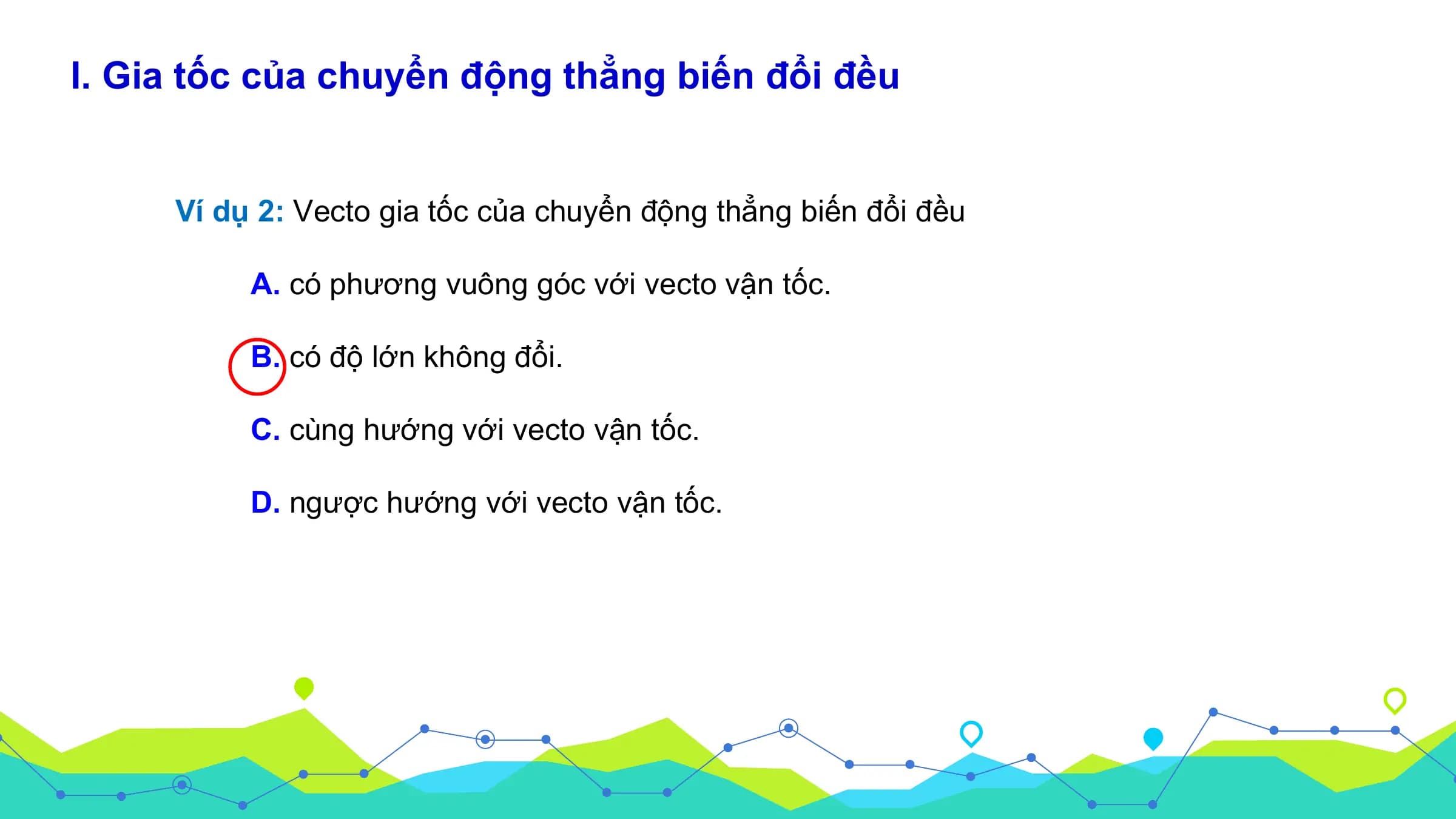 I. Gia tốc của chuyển động thẳng biến đổi đều

 Ví dụ 2: Vecto gia tốc của chuyển động thẳng biến đổi đều

 A. có phương vuông góc với vecto vận tốc.

 B. có độ lớn không đổi.

 C. cùng hướng với vecto vận tốc.

 D. ngược hướng với vecto vận tốc.