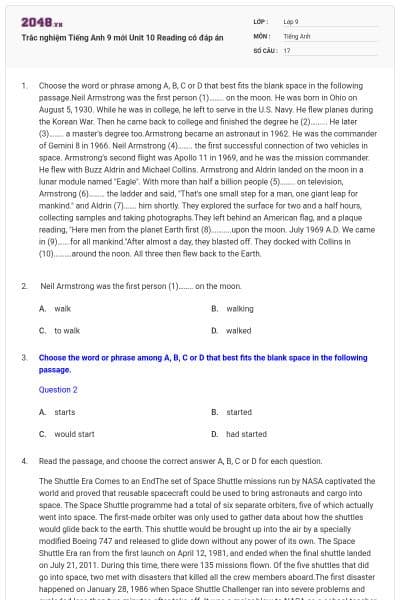 Trắc nghiệm Tiếng Anh 9 mới Unit 10 Reading có đáp án
