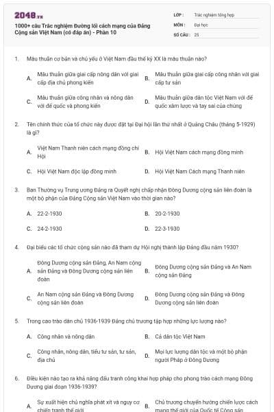 1000+ câu Trắc nghiệm Đường lối cách mạng của Đảng Cộng sản Việt Nam (có đáp án) - Phần 10