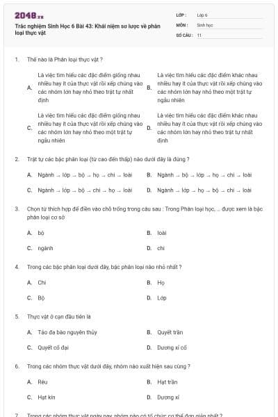 Trắc nghiệm Sinh Học 6 Bài 43: Khái niệm sơ lược về phân loại thực vật