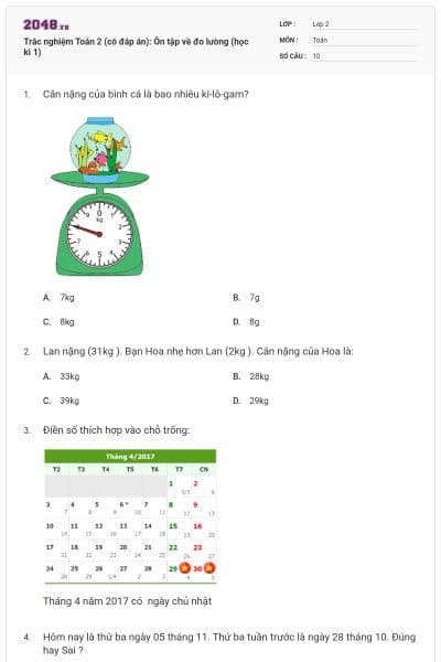 Trắc nghiệm Toán 2 (có đáp án): Ôn tập về đo lường (học kì 1)