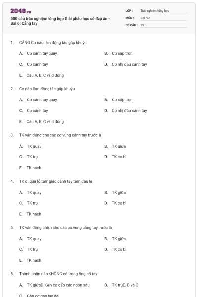 500 câu trắc nghiệm tổng hợp Giải phẫu học có đáp án - Bài 6: Cẳng tay