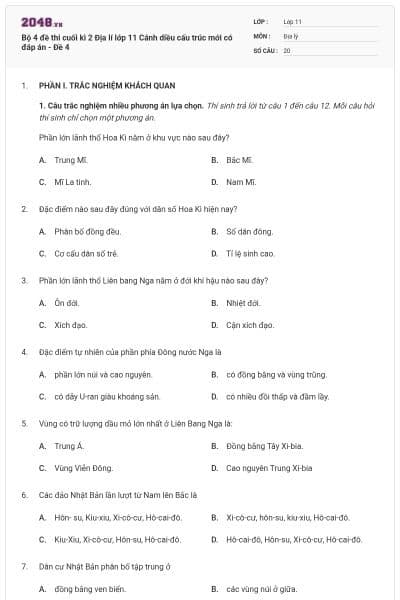 Bộ 4 đề thi cuối kì 2 Địa lí lớp 11 Cánh diều cấu trúc mới có đáp án - Đề 4