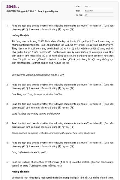 Giải VTH Tiếng Anh 7 Unit 1. Reading có đáp án