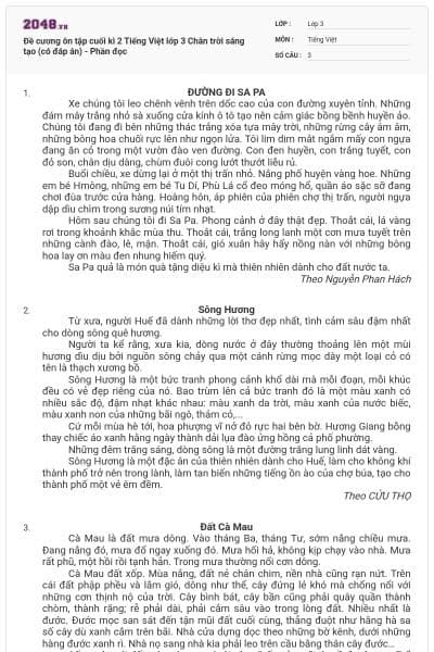 Đề cương ôn tập cuối kì 2 Tiếng Việt lớp 3 Chân trời sáng tạo (có đáp án) - Phần đọc