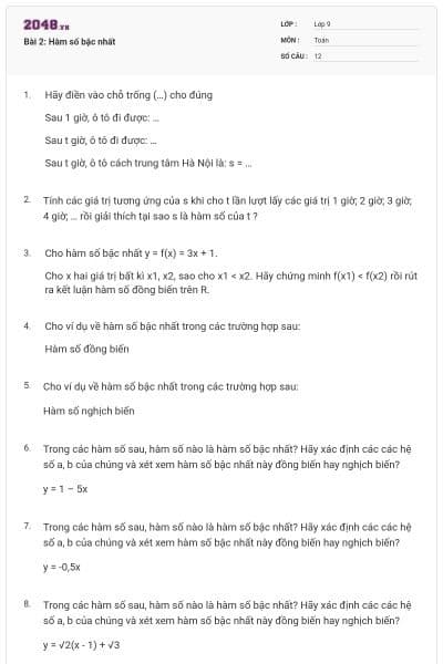 Bài 2: Hàm số bậc nhất