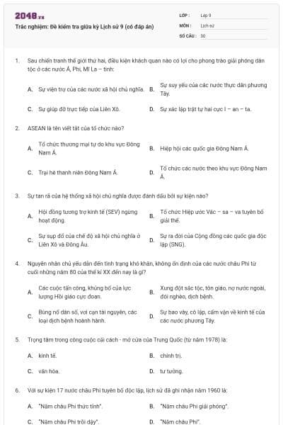 Trắc nghiệm: Đề kiểm tra giữa kỳ Lịch sử 9 (có đáp án)