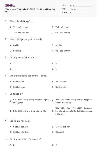 Trắc nghiệm Công Nghệ 11 Bài 15: Vật liệu cơ khí có đáp án