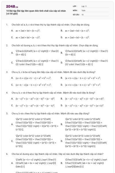 10 Bài tập Bài tập liên quan đến tính chất của cấp số nhân (có lời giải)
