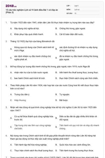 15 câu trắc nghiệm Lịch sử 9 Cánh diều Bài 1 có đáp án (Phần 3)