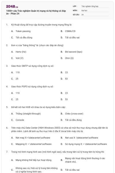 1000+ câu Trắc nghiệm Quản trị mạng và hệ thống có đáp án - Phần 24