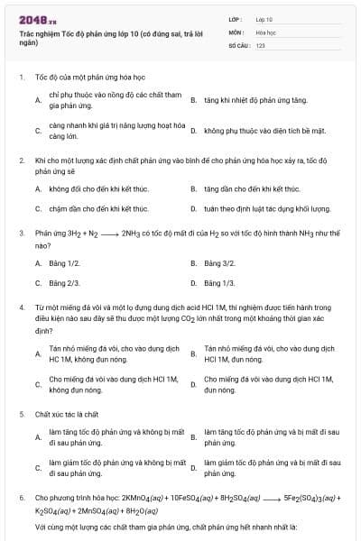 Trắc nghiệm Tốc độ phản ứng lớp 10 (có đúng sai, trả lời ngắn)