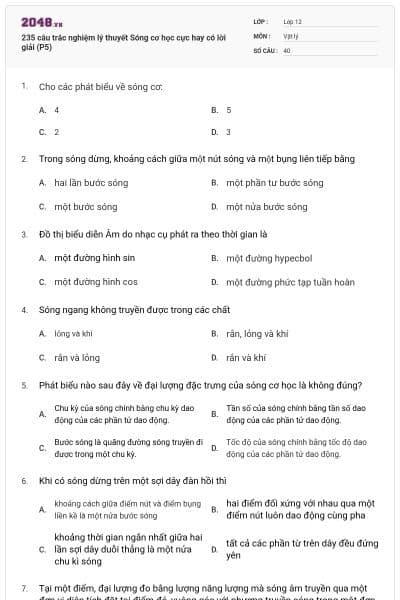 235 câu trắc nghiệm lý thuyết Sóng cơ học cực hay có lời giải (P5)