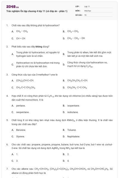 Trắc nghiệm Ôn tập chương 4 lớp 11 (có đáp án - phần 1)