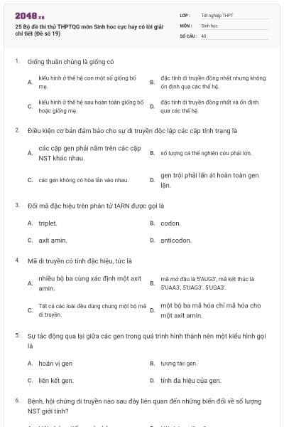 25 Bộ đề thi thử THPTQG môn Sinh hoc cực hay có lời giải chi tiết (Đề số 19)