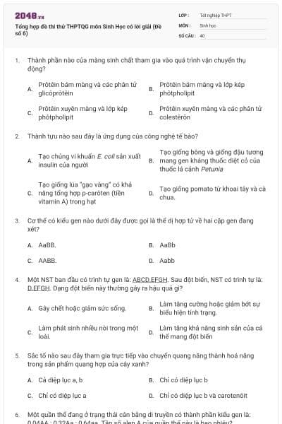 Tổng hợp đề thi thử THPTQG môn Sinh Học có lời giải (Đề số 6)
