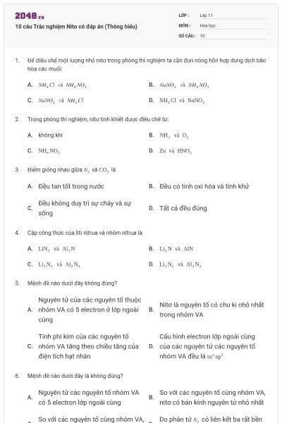 10 câu Trắc nghiệm Nitơ có đáp án (Thông hiểu)