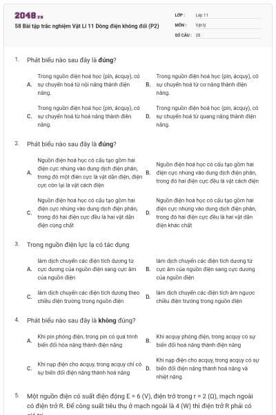 58 Bài tập trắc nghiệm Vật Lí 11 Dòng điện không đổi (P2)
