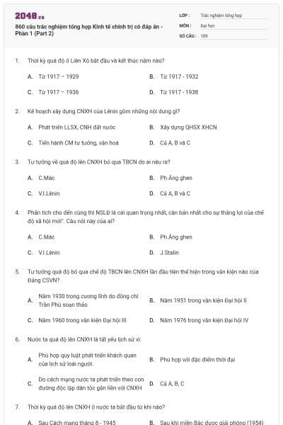 860 câu trắc nghiệm tổng hợp Kinh tế chính trị có đáp án -Phần 1 (Part 2)