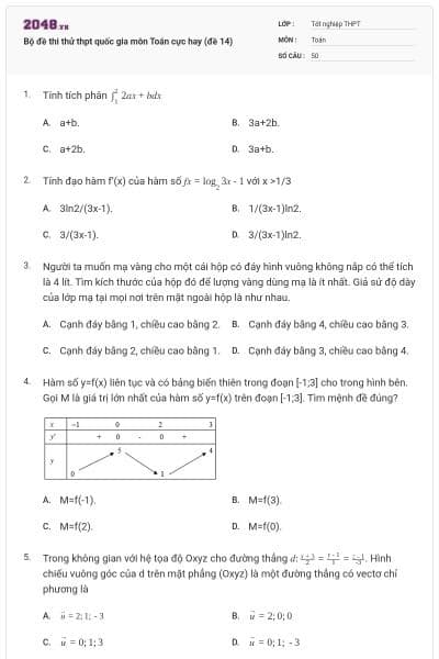 Bộ đề thi thử thpt quốc gia môn Toán cực hay (đề 14)