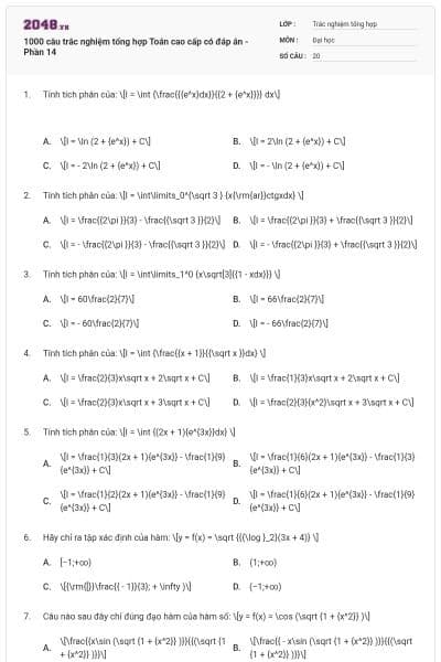 1000 câu trắc nghiệm tổng hợp Toán cao cấp có đáp án - Phần 14
