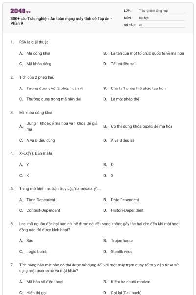 300+ câu Trắc nghiệm An toàn mạng máy tính có đáp án - Phần 9