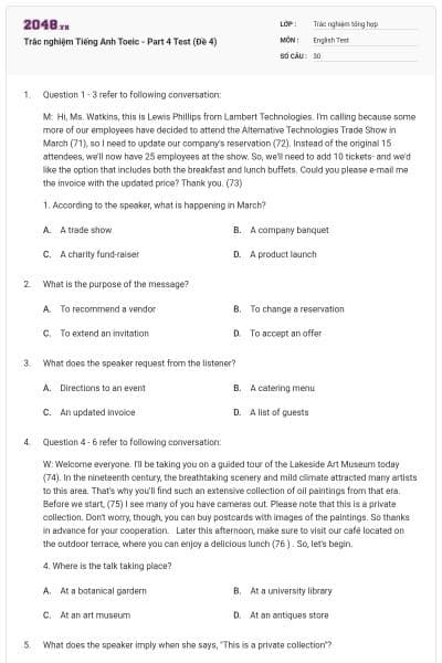 Trắc nghiệm Tiếng Anh Toeic - Part 4 Test (Đề 4)
