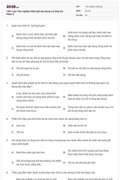 100+ câu Trắc nghiệm Định giá xây dựng (có đáp án) - Phần 5