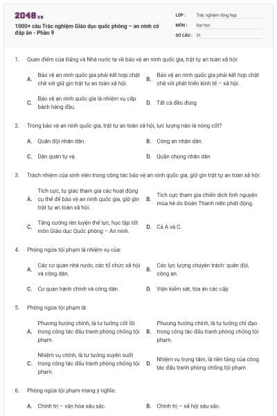 1000+ câu Trắc nghiệm Giáo dục quốc phòng – an ninh có đáp án - Phần 9